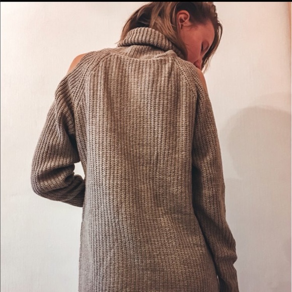 Tan Cold Shoulder Knit Turtleneck Sweater Dress - Picture 6 of 7